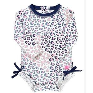 Ruffle Butts Baby Girls Pink Navy Leopard Long Sleeve Rash Guard Swimsuit 12-18M